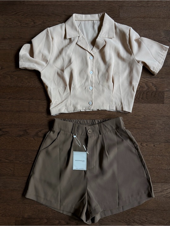 Pants - High-Rise Brown Women's Shorts and Cropped Blouse
